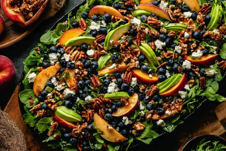 Peach Blueberry Arugula Salad with sliced peaches, fresh blueberries, arugula, feta, and crunchy pecans drizzled with vanilla balsamic vinaigrette.