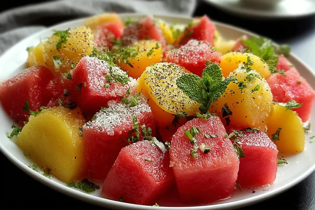 Peach Watermelon Salad with mint, lime, and a light sprinkle of feta-style crumble on a white plate.