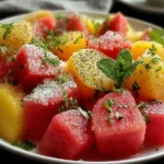 Peach Watermelon Salad with mint, lime, and a light sprinkle of feta-style crumble on a white plate.