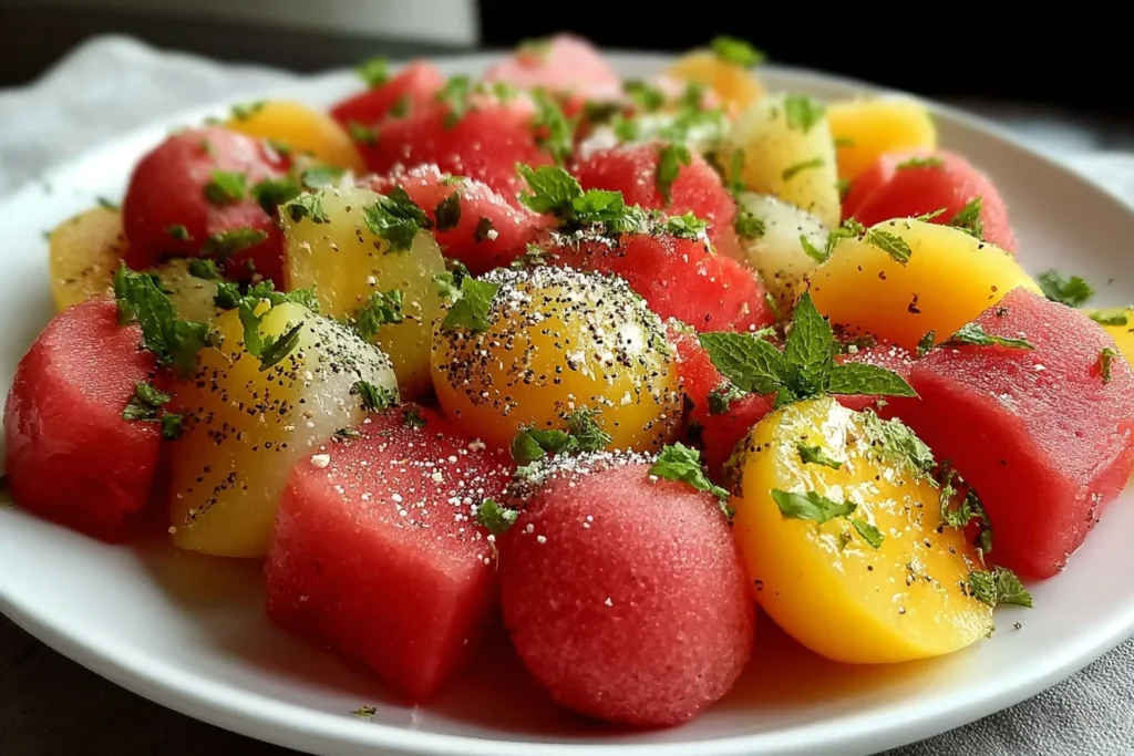 Peach Watermelon Salad on a plate with fresh mint, lime seasoning, and a light sprinkle of sea salt for a bright summer side.