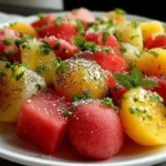 Peach Watermelon Salad on a plate with fresh mint, lime seasoning, and a light sprinkle of sea salt for a bright summer side.
