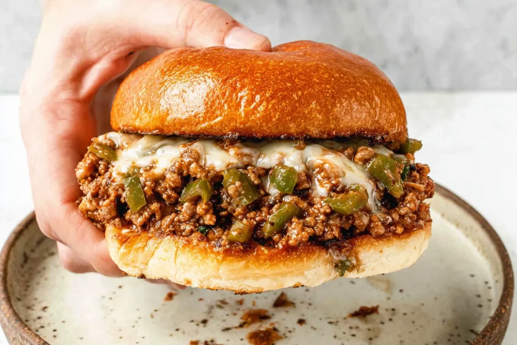 Hand holding a Philly Cheesesteak Sloppy Joes sandwich on a toasted brioche bun, packed with saucy beef, green peppers, and melted provolone.