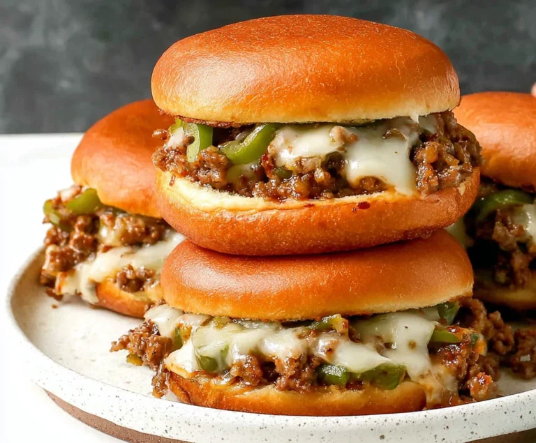 Philly Cheesesteak Sloppy Joes on toasted brioche buns with saucy ground beef, green peppers, onions, and melted provolone cheese.