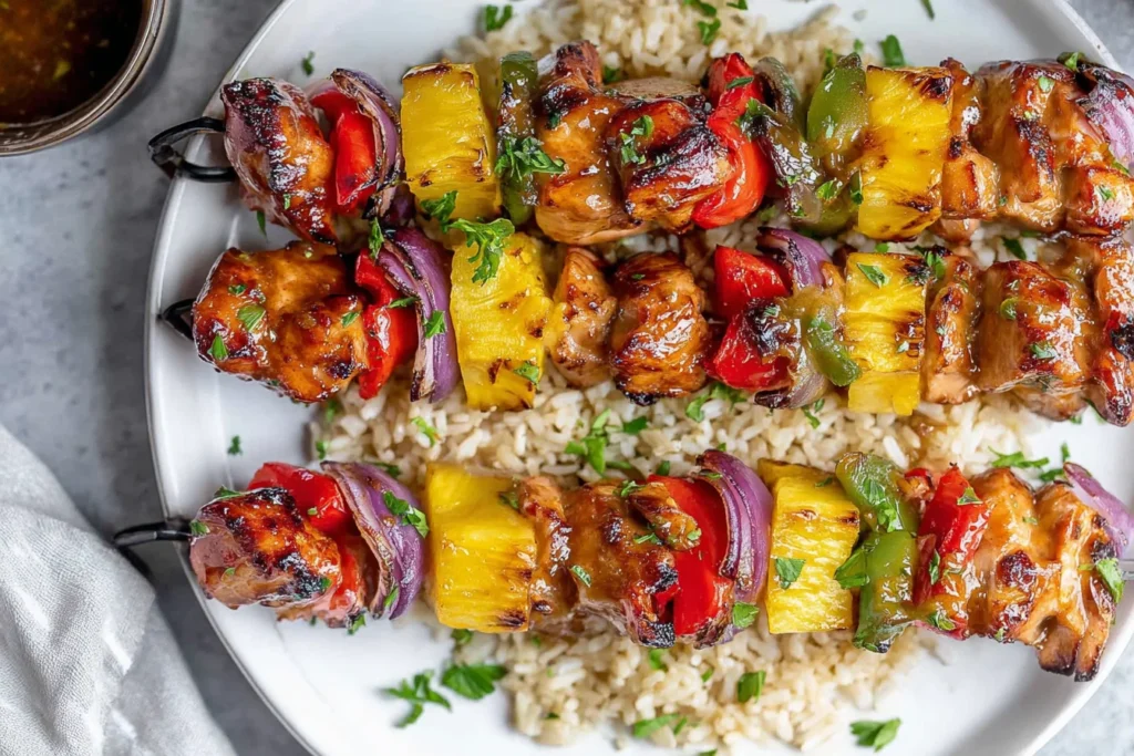 Pineapple Chicken Kabobs served over rice with grilled pineapple, bell peppers, red onion, and a sticky soy-pineapple glaze.