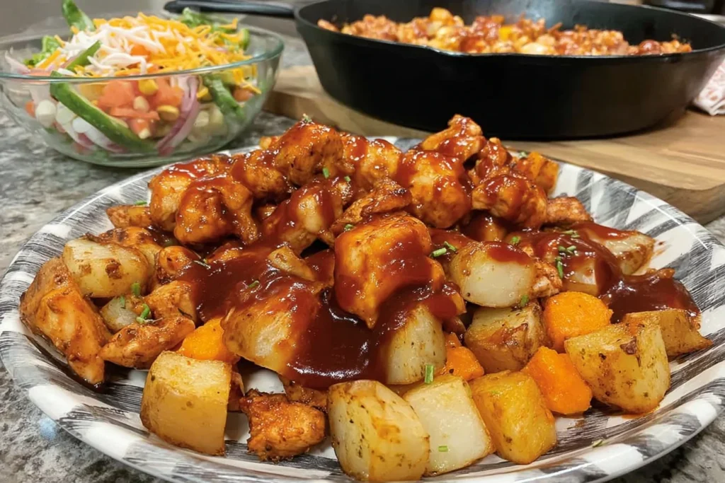 BBQ Chicken Potato Skillet plated with crispy potato cubes and tender BBQ chicken, drizzled with rich BBQ sauce for an easy weeknight dinner.