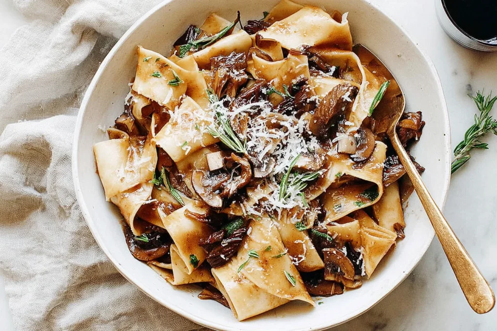 Portobello Mushroom Pappardelle served in a bowl with tender portobello mushrooms, rosemary, and grated Parmesan in a glossy, savory sauce.
