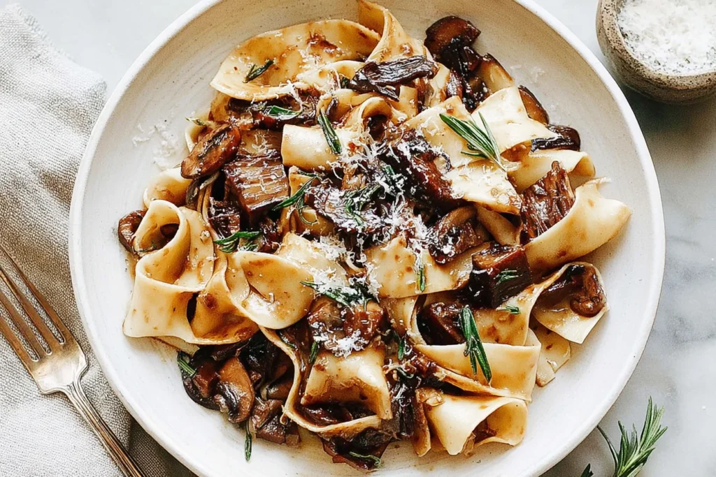 Portobello Mushroom Pappardelle in a white bowl with sautéed portobello mushrooms, rosemary, and shaved Parmesan in a glossy, savory sauce.