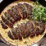 Portobello Steaks Au Poivre sliced in a cast-iron skillet with creamy Cognac peppercorn sauce and fresh microgreens.