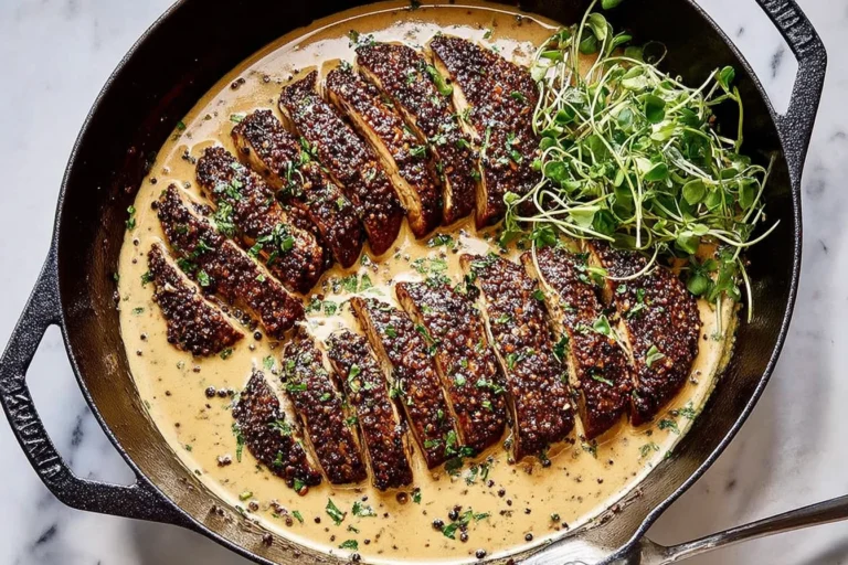 Portobello Steaks Au Poivre sliced in a cast-iron skillet with creamy Cognac peppercorn sauce and fresh microgreens.