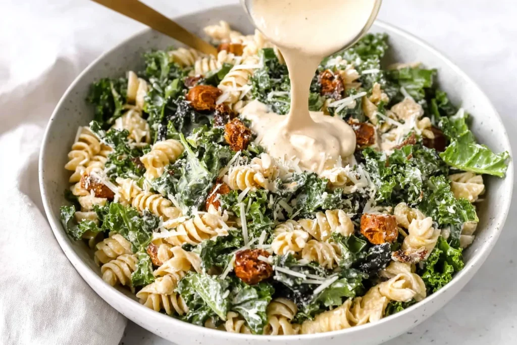 Kale Caesar Pasta Salad in a white bowl as creamy Caesar dressing is poured over rotini, chopped kale, crispy chickpeas, and parmesan.