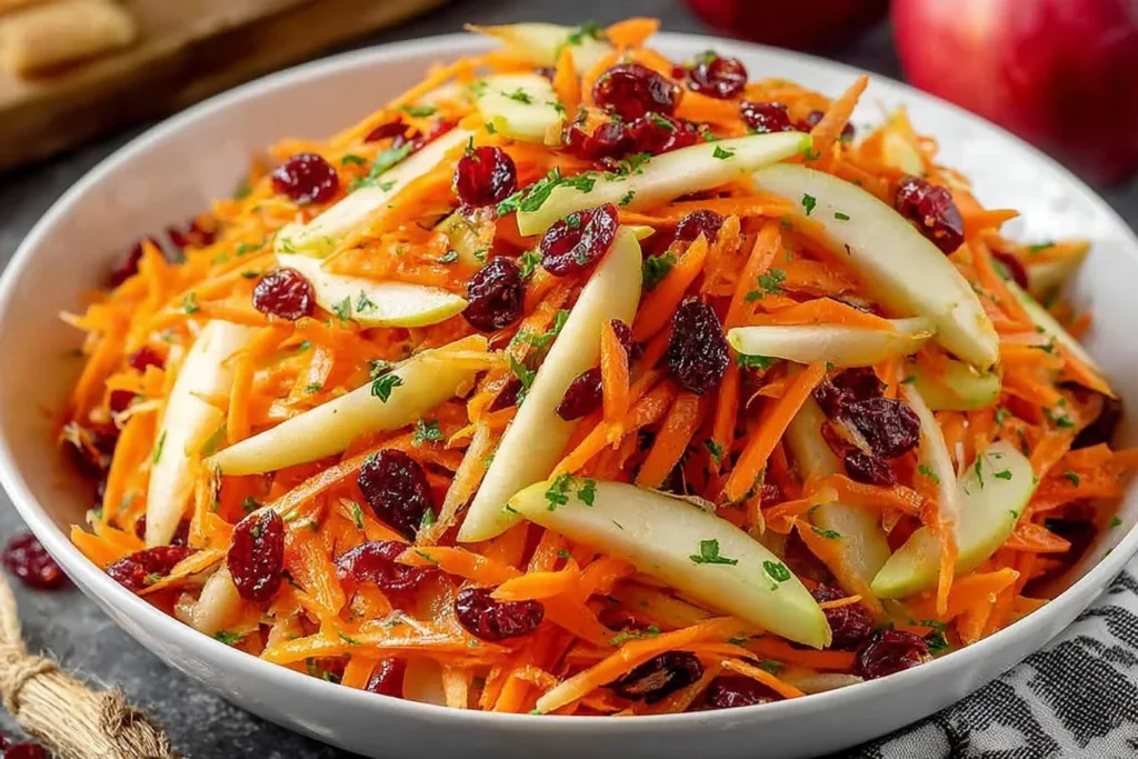 Refreshing Apple Cranberry Carrot Salad piled in a white bowl with shredded carrots, sliced apples, dried cranberries, and a light honey-lemon glaze.