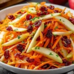 Refreshing Apple Cranberry Carrot Salad piled in a white bowl with shredded carrots, sliced apples, dried cranberries, and a light honey-lemon glaze.