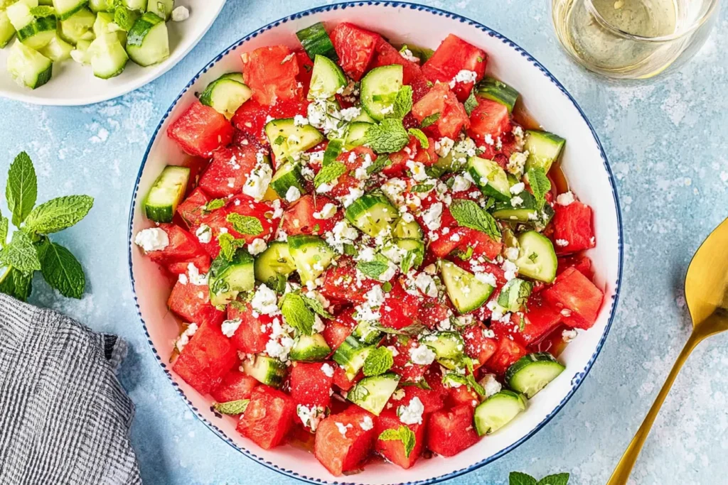 Watermelon Cucumber Feta Salad with mint, basil, and crumbled feta in a bowl with honey-lime dressing
