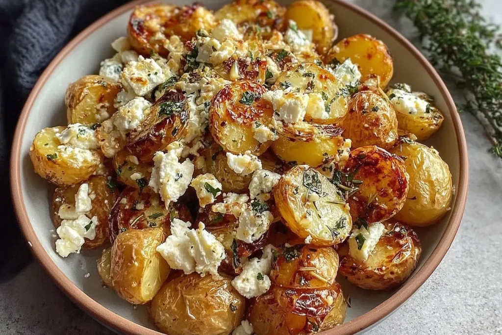 Roasted Potatoes with Baked Feta and Garlic piled in a serving bowl—crispy roasted baby potatoes with crumbled feta, herbs, and garlic.