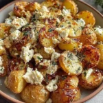Roasted Potatoes with Baked Feta and Garlic piled in a serving bowl—crispy roasted baby potatoes with crumbled feta, herbs, and garlic.