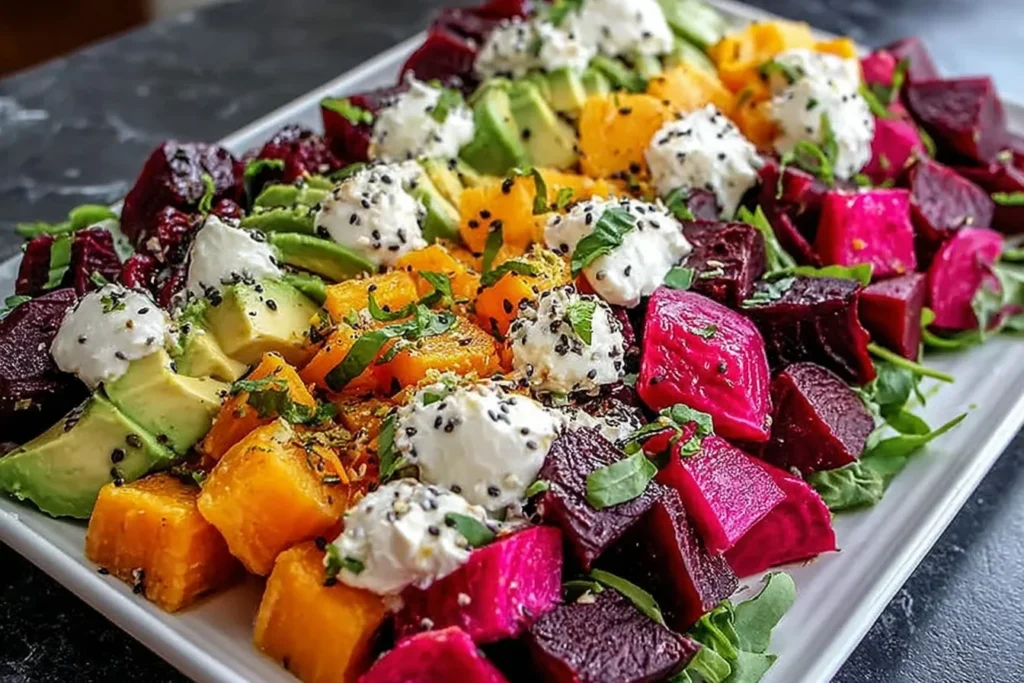 Roasted beet sweet potato avocado salad with roasted beets, sweet potatoes, creamy avocado, whipped ricotta dollops, and fresh herbs on mixed greens.