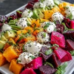 Roasted beet sweet potato avocado salad with roasted beets, sweet potatoes, creamy avocado, whipped ricotta dollops, and fresh herbs on mixed greens.
