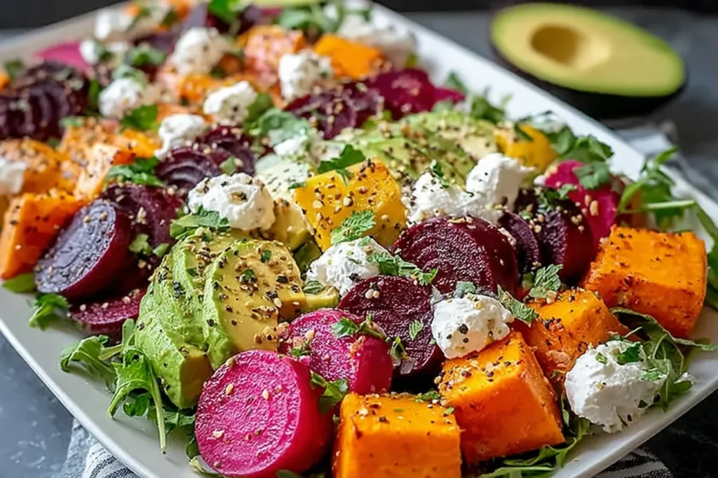 Roasted beet sweet potato avocado salad on mixed greens with whipped ricotta and lemon-tahini drizzle, topped with herbs and pepper.