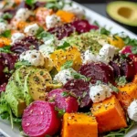 Roasted beet sweet potato avocado salad on mixed greens with whipped ricotta and lemon-tahini drizzle, topped with herbs and pepper.