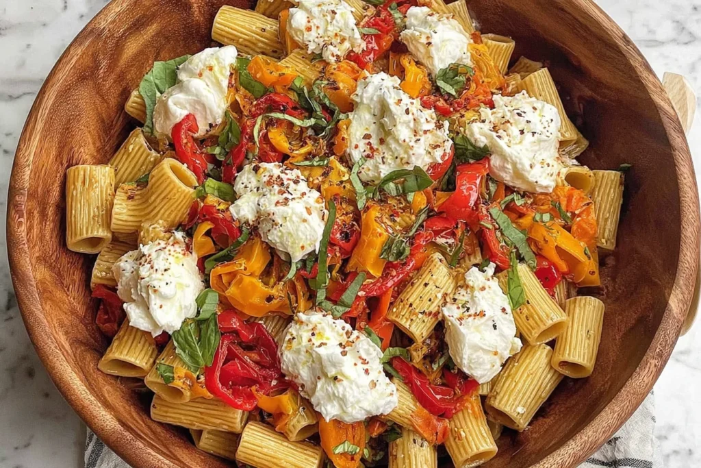 Roasted Pepper Pasta Salad with Burrata topped with creamy burrata, roasted red and yellow peppers, basil ribbons, and rigatoni in a wooden bowl.