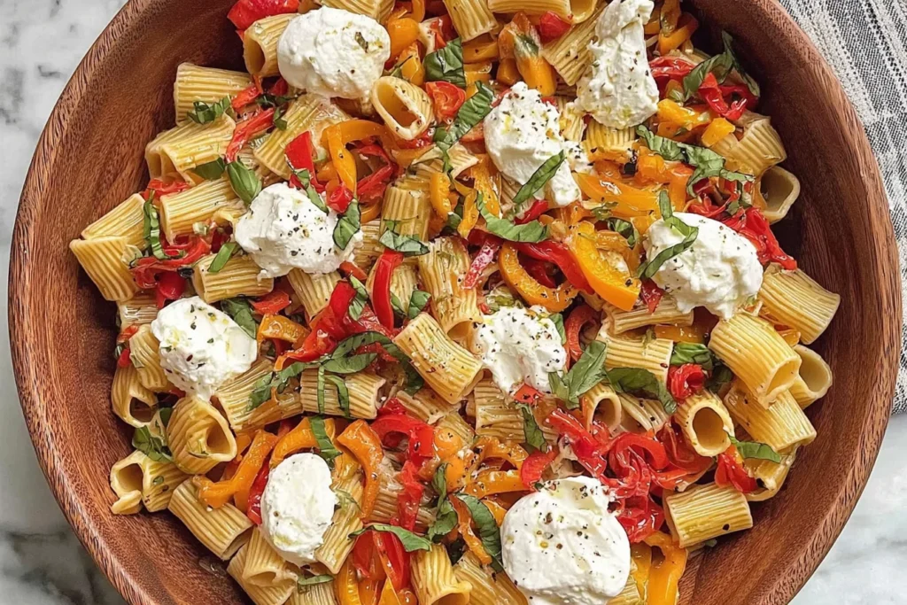 Roasted Pepper Pasta Salad with Burrata in a wooden bowl with rigatoni, charred red and yellow peppers, basil, and creamy burrata.