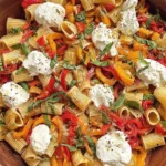 Roasted Pepper Pasta Salad with Burrata in a wooden bowl with rigatoni, charred red and yellow peppers, basil, and creamy burrata.