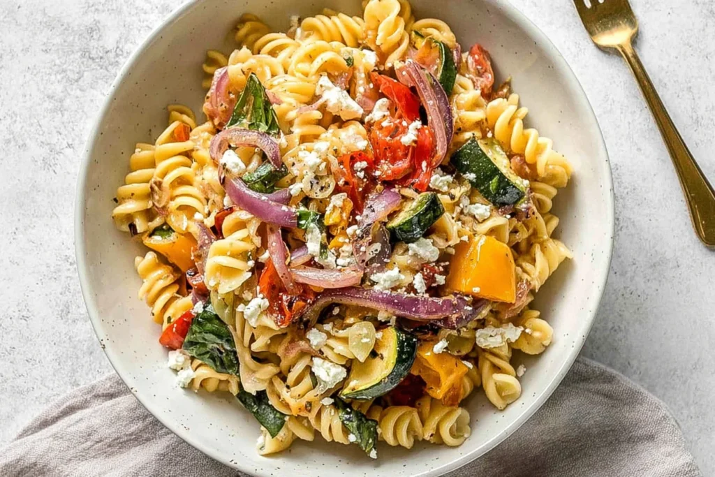 Roasted Veggie Pasta with Feta served in a gray bowl with fusilli, roasted cherry tomatoes, zucchini, red onion, bell pepper, and crumbled feta.