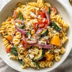 Roasted Veggie Pasta with Feta served in a gray bowl with fusilli, roasted cherry tomatoes, zucchini, red onion, bell pepper, and crumbled feta.