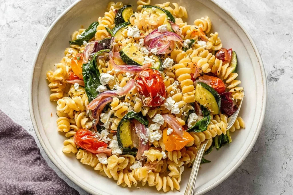Roasted Veggie Pasta with Feta in a bowl with fusilli, roasted cherry tomatoes, zucchini, red onion, spinach, and crumbled feta.