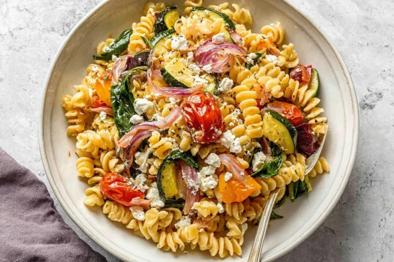Roasted Veggie Pasta with Feta in a bowl with fusilli, roasted cherry tomatoes, zucchini, red onion, spinach, and crumbled feta.