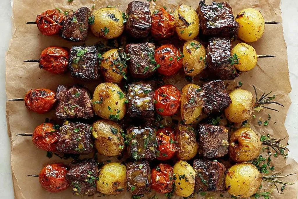 Rosemary Garlic Steak Kebabs on skewers with grilled sirloin cubes, baby potatoes, and blistered grape tomatoes, finished with rosemary and garlic drizzle.
