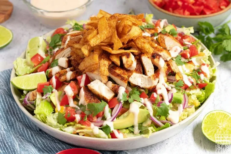 Santa Fe Chicken Salad in a bowl with sliced taco-seasoned chicken, romaine, tomatoes, red onion, avocado, cilantro, creamy dressing, and crunchy tortilla strips.