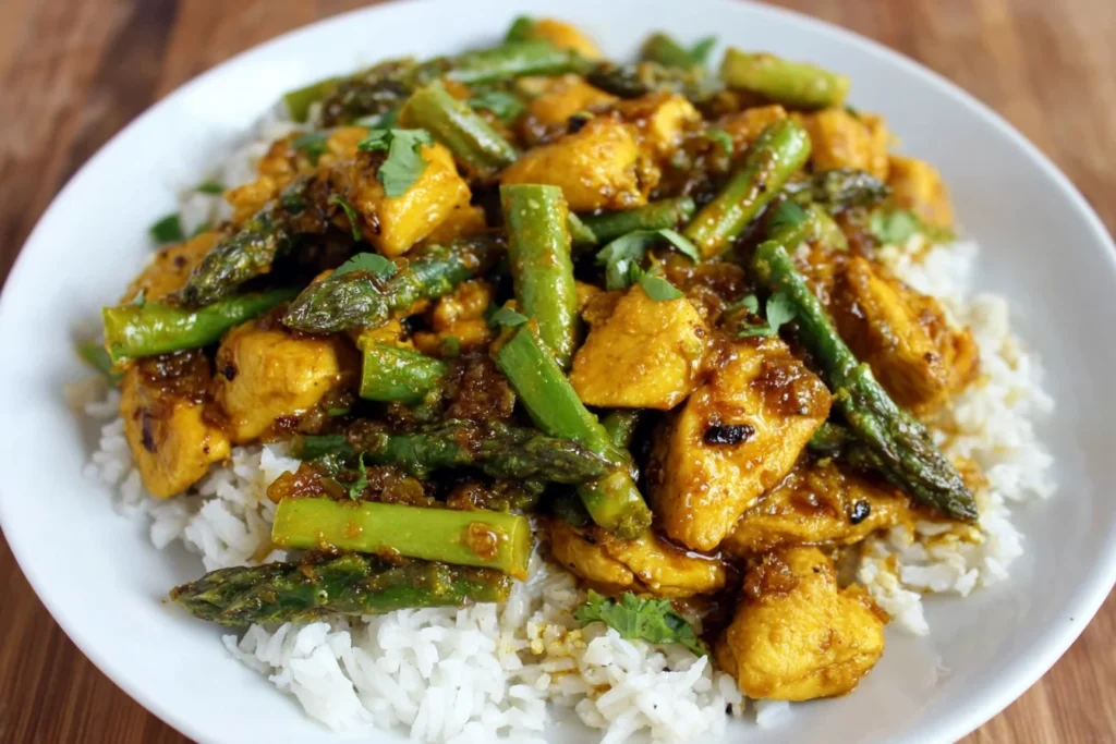 Turmeric Chicken with Asparagus spooned over white rice, with golden chicken chunks, tender asparagus, and a sticky honey-lime soy sauce.