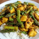 Turmeric Chicken with Asparagus spooned over white rice, with golden chicken chunks, tender asparagus, and a sticky honey-lime soy sauce.