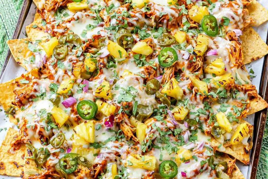 BBQ Chicken and Grilled Pineapple Nachos on a sheet pan with melted cheese, charred pineapple, jalapeños, red onion, and cilantro.