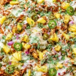 BBQ Chicken and Grilled Pineapple Nachos on a sheet pan with melted cheese, charred pineapple, jalapeños, red onion, and cilantro.
