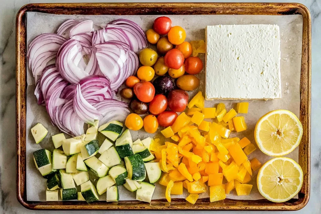 Ingredients prepped on a sheet pan for Roasted Veggie Pasta with Feta, including red onion, cherry tomatoes, zucchini, yellow bell pepper, feta, and lemon.