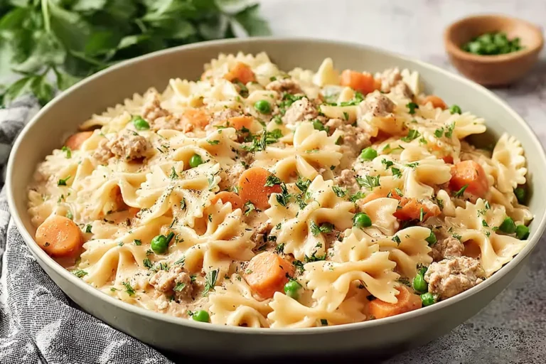 Simple Ground Turkey Pot Pie Pasta in a bowl with farfalle, carrots, peas, and creamy sauce, garnished with herbs.