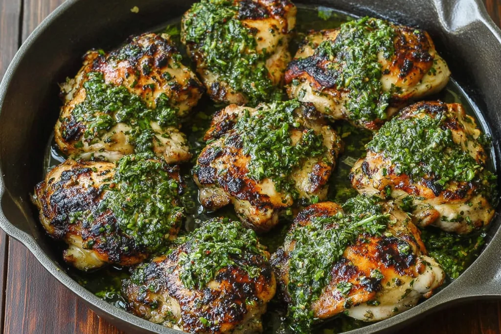 Chimichurri Chicken Recipe in a cast-iron skillet with juicy grilled chicken thighs topped with fresh parsley-garlic chimichurri sauce.