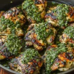 Chimichurri Chicken Recipe in a cast-iron skillet with juicy grilled chicken thighs topped with fresh parsley-garlic chimichurri sauce.