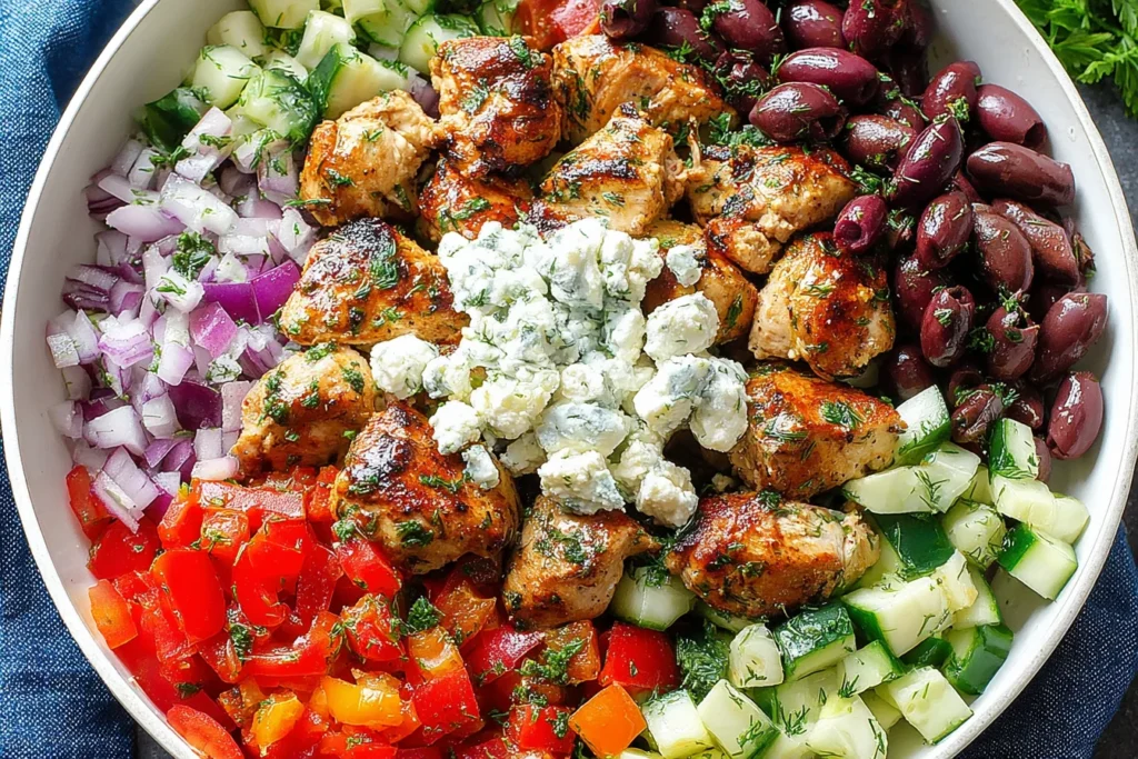 Skillet Greek Chicken bowl with yogurt-marinated chicken, feta, cucumbers, tomatoes, red onion, and Kalamata olives