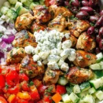 Skillet Greek Chicken bowl with yogurt-marinated chicken, feta, cucumbers, tomatoes, red onion, and Kalamata olives
