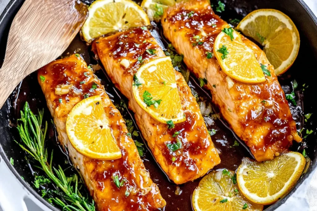 Orange Glazed Salmon fillets in a skillet with glossy orange-honey soy glaze, garlic, fresh herbs, and orange slices.