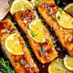 Orange Glazed Salmon fillets in a skillet with glossy orange-honey soy glaze, garlic, fresh herbs, and orange slices.