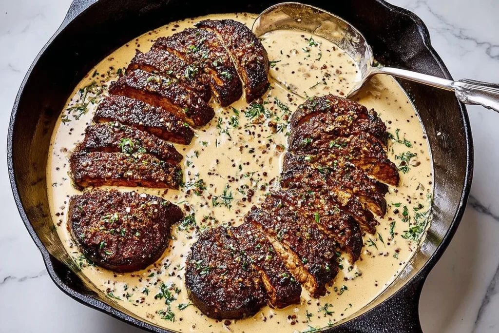 Portobello Steaks Au Poivre in a cast-iron skillet with creamy peppercorn Cognac sauce, sliced mushrooms, and fresh herbs.