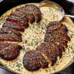Portobello Steaks Au Poivre in a cast-iron skillet with creamy peppercorn Cognac sauce, sliced mushrooms, and fresh herbs.
