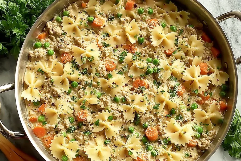 Simple Ground Turkey Pot Pie Pasta cooking in a skillet with creamy sauce, farfalle bowties, ground turkey, peas, carrots, and herbs.