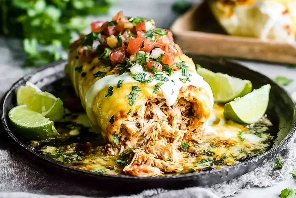 Smothered Honey Lime Chicken Burritos sliced open, showing shredded chicken filling, topped with sour cream, pico de gallo, and cilantro with lime wedges.