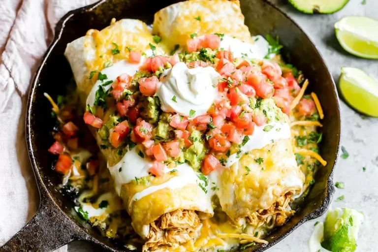 Smothered Honey Lime Chicken Burritos smothered in creamy salsa verde, melted cheese, pico de gallo, and sour cream in a cast-iron skillet.