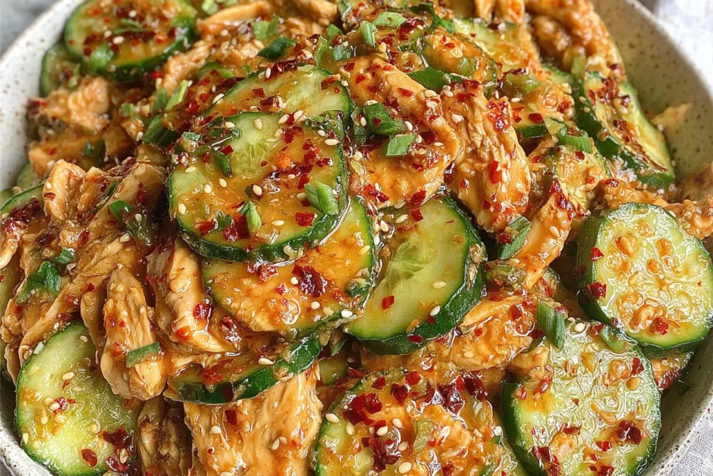 Thai Cucumber Salad with Chicken close-up with sliced cucumbers, shredded chicken, peanut-lime dressing, sesame seeds, green onions, and chili crisp.